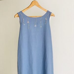 Linen Bow Dress With Floral Embroidery, Soft Two-layered Fabric, Handcrafted Embroidery Patterns, Exquisitely Sewn Lines