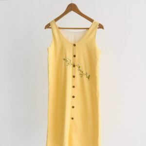 Linen Button Dress With Floral Embroidery, Youthful and Feminine Style, Bright and Colorfast Colors, Lightweight Material