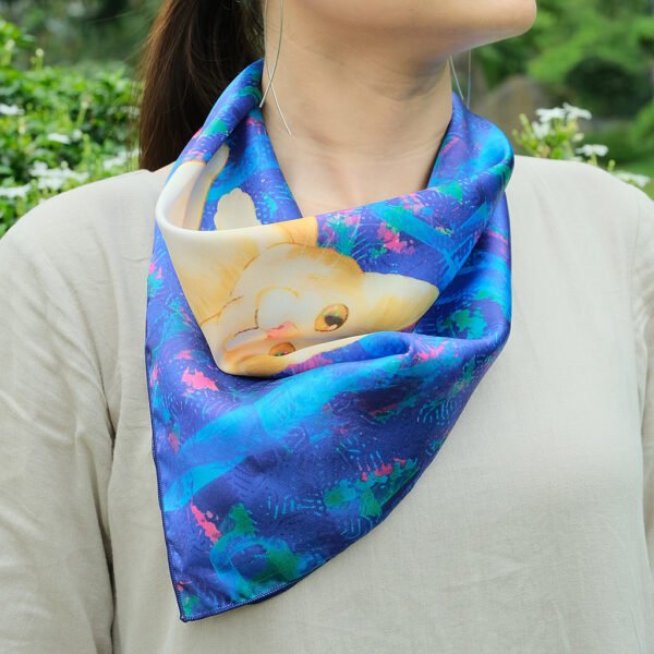 Cat Satin Scarf, Blue Background, Cat Print Silk Scarf, Patterned Silk Scarf, Bandana Silk Scarf, Fashion Neck Scarf - Image 4