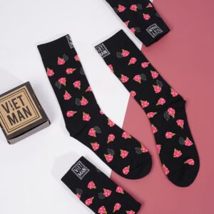 Dragon Fruit, Crew Cut Socks, Fun Patterned Socks, Dragon Fruit Printed Socks, Black Patterned Socks, Whimsical High-Cuffed Socks